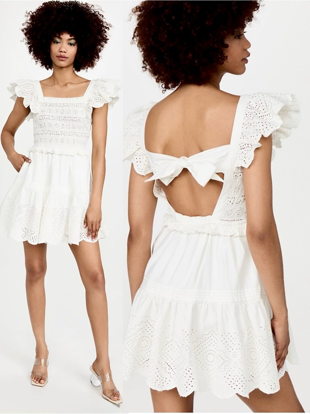 SEA NY Eyelet Square Neck Smocked Ruffle Tier Flutter Sleeve Babydoll Dress XS